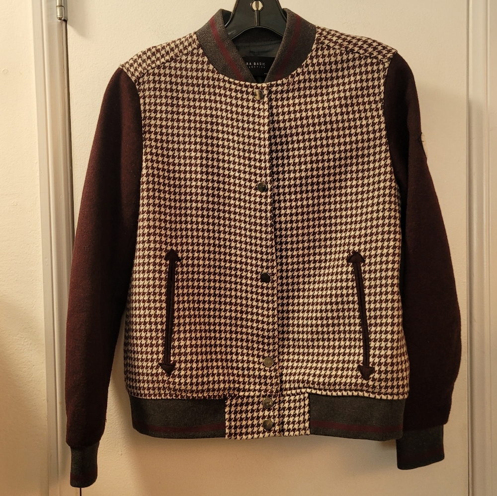 Houndstooth Bomber Jacket with Burgundy Sleeves